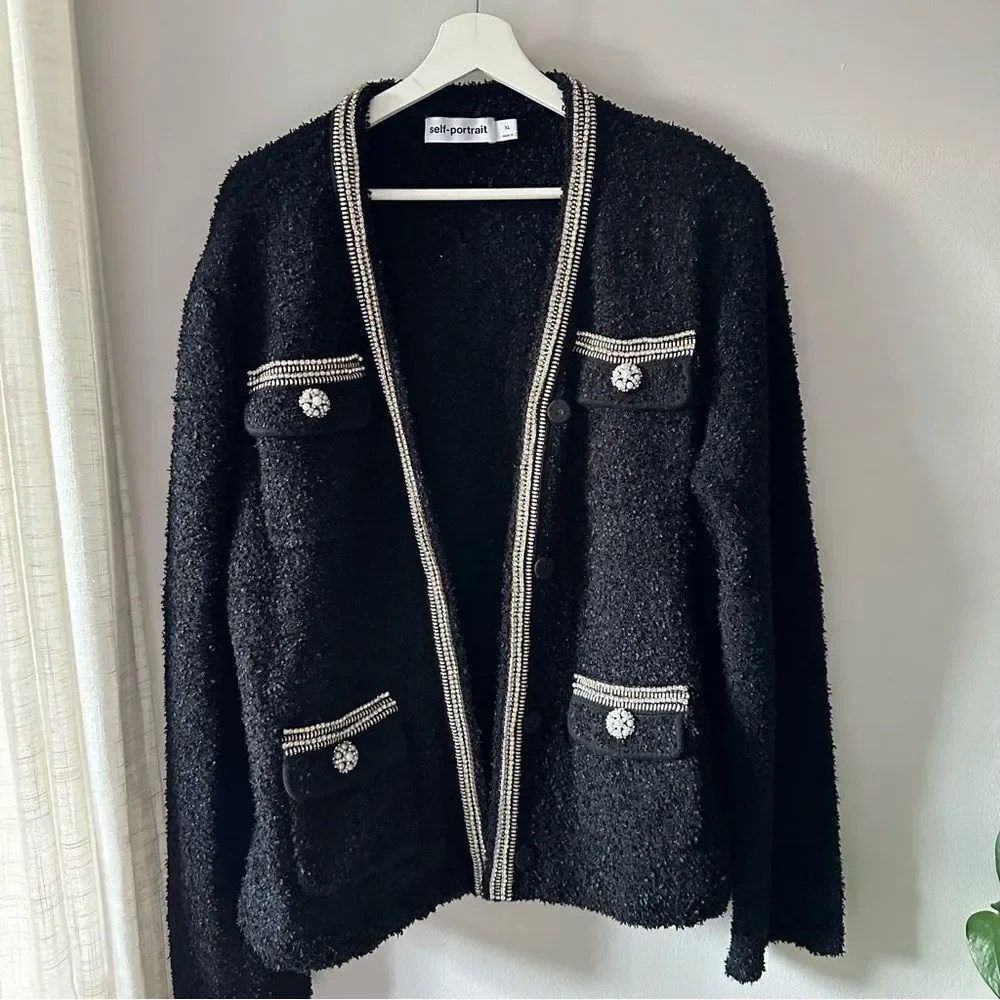 SELF-PORTRAIT Black Tape Knit Crystal-Embellished Bouclé Cardigan